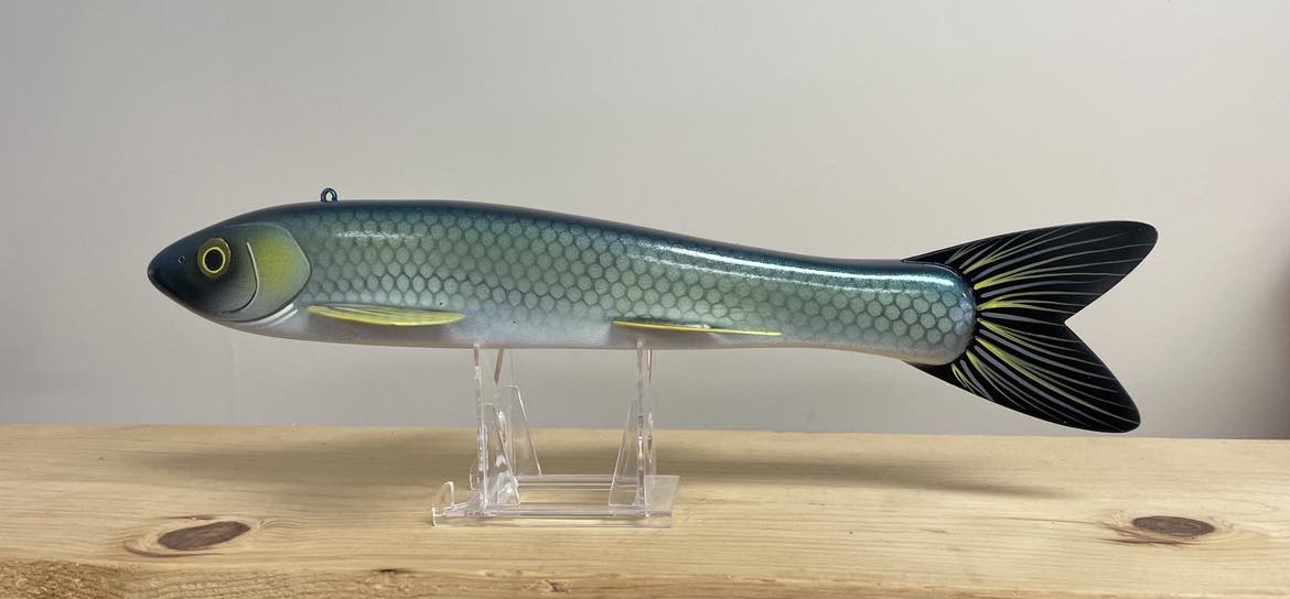 A 12″ blueback decoy by Goodin Decoys on top of a table.