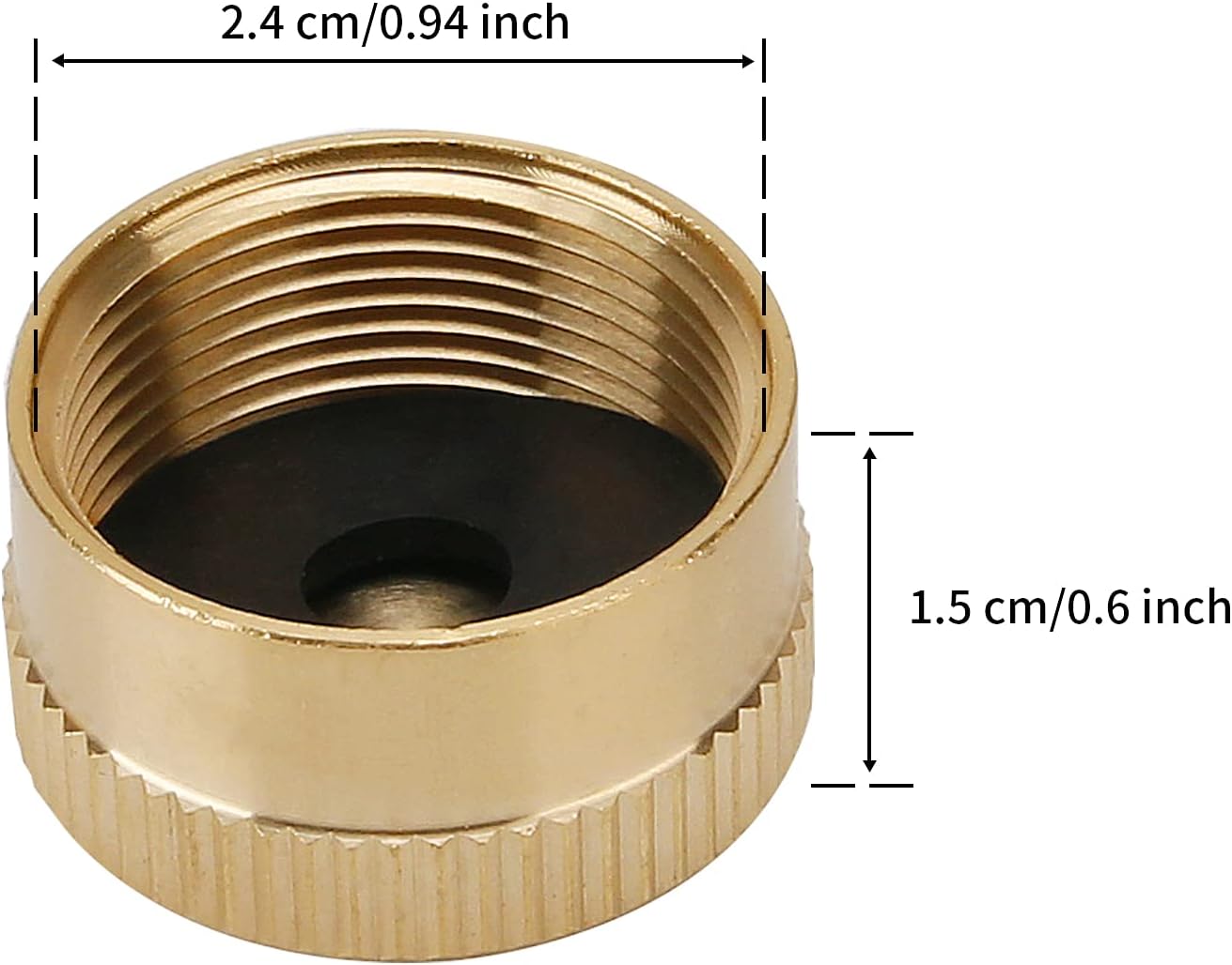 An image of a Solid Brass Refill 1lb Propane Tank Cap with Seal for a garden hose.