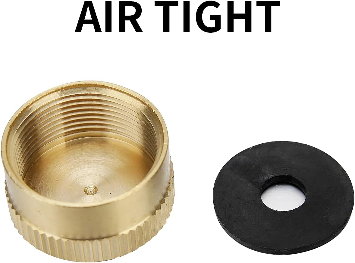 A Solid Brass Refill 1lb Propane Tank Cap with Seal and a black washer.