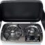 A Flame King 2 Burner Built-In RV Trailer Stove with Wind Shield with two burners and a lid.