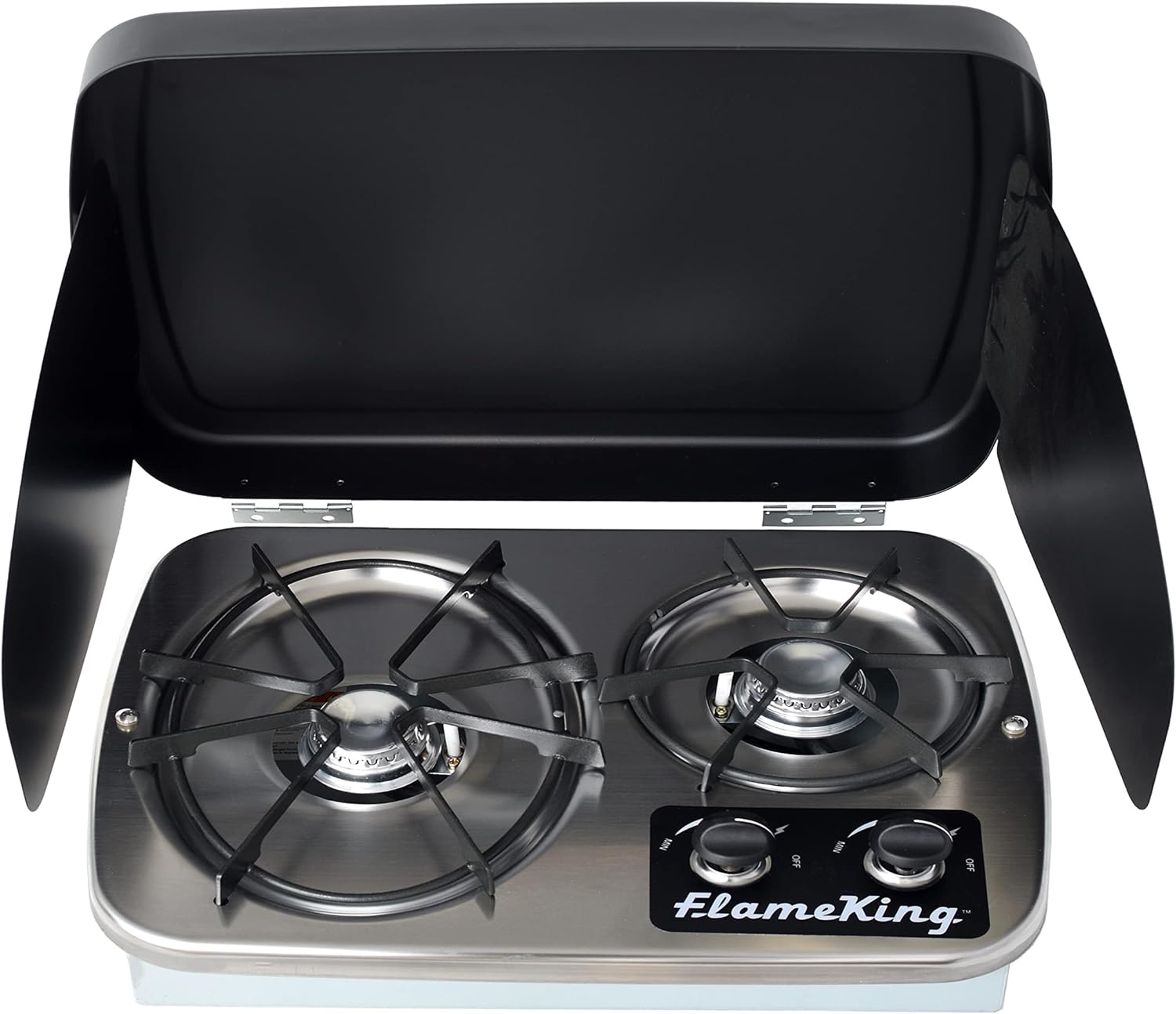 A Flame King 2 Burner Built-In RV Trailer Stove with Wind Shield with two burners and a lid.