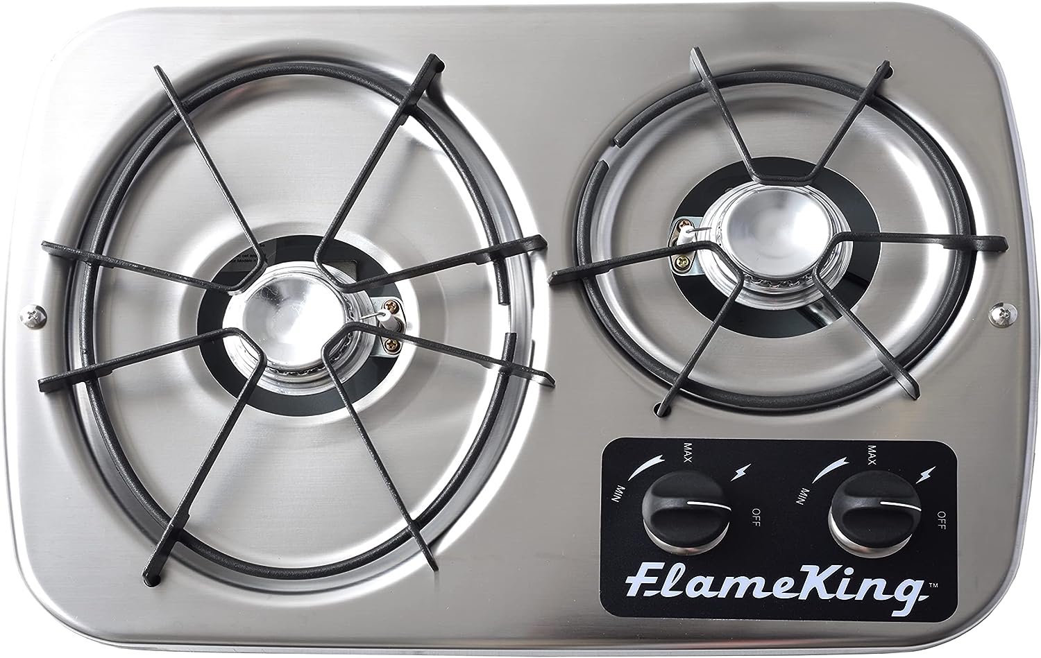 A stainless steel Flame King 2 Burner Built-In RV Trailer Stove with Wind Shield stove top with the word flame king on it.