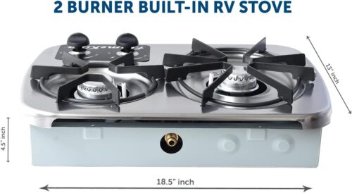 Flame King 2 Burner Built-In RV Trailer Stove with Wind Shield.
