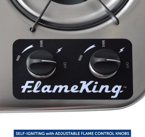 Flame King 2 Burner Built-In RV Trailer Stove with Wind Shield self-igniting burner control.