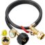 A black and gold 3 Feet Propane Refill Adapter Hose with Gauge & ON/OFF Control Valve.