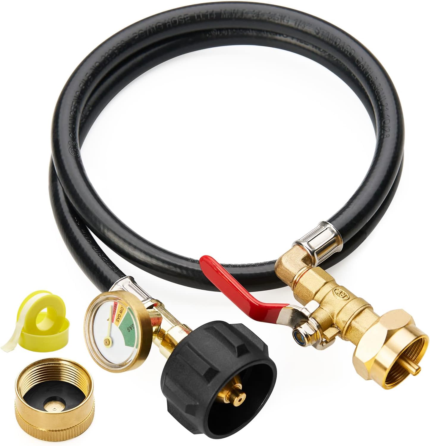 A black and gold 3 Feet Propane Refill Adapter Hose with Gauge & ON/OFF Control Valve.