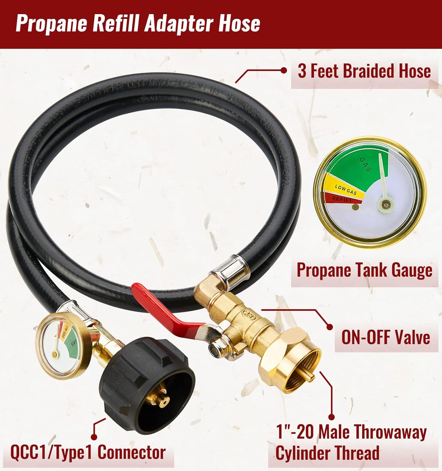 3 Feet Propane Refill Adapter Hose with Gauge & ON/OFF Control Valve.