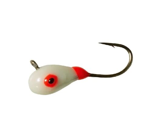 White and red fishing jig with hook.