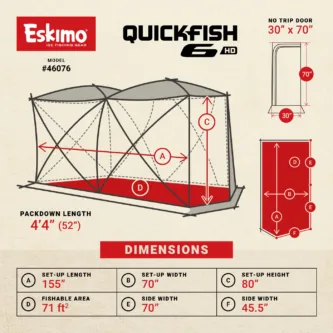 No-Trip Door Full panel door zips open from ice level, leaving nothing to catch a boot on or duck under when entering or exiting the shelter. Packability Offers all the features of larger full door shelters without the bulk. Fully-Insulated Eskimo IQ™ (Insulated Quilted) fabric retains heat and reduces condensation. Self-Tapping Ice Anchors Large grip, with a sharp, self-tapping point and easy to use screw-in style that makes installation by hand a breeze. In-Skirt Grommets Anchor the shelter to the ice through the skirt without any extra straps or pieces. Mesh Storage Pockets Built-in storage pockets along the walls for keeping essential fishing gear handy. Removable Window Panels Adjust shelter ventilation with detachable and replaceable hook-and-loop window panels.