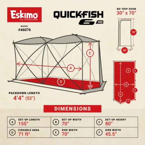 No-Trip Door Full panel door zips open from ice level, leaving nothing to catch a boot on or duck under when entering or exiting the shelter. Packability Offers all the features of larger full door shelters without the bulk. Fully-Insulated Eskimo IQ™ (Insulated Quilted) fabric retains heat and reduces condensation. Self-Tapping Ice Anchors Large grip, with a sharp, self-tapping point and easy to use screw-in style that makes installation by hand a breeze. In-Skirt Grommets Anchor the shelter to the ice through the skirt without any extra straps or pieces. Mesh Storage Pockets Built-in storage pockets along the walls for keeping essential fishing gear handy. Removable Window Panels Adjust shelter ventilation with detachable and replaceable hook-and-loop window panels.