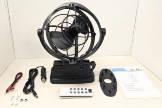 compact black fan with remote and accessories