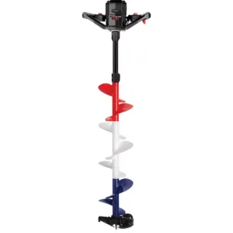 The StrikeMaster Lithium 24V USA Edition Electric Ice Auger delivers the performance you need on the ice in a flashy red, white, and blue design. Featuring an electric DC brushless motor, planetary gear system with a 50:1 gear ratio, this StrikeMaster auger can drill up to 50 holes on a single charge. A deadman safety switch kills the motor instantly, while forward and reverse modes let you work through anything. Impact-resistant long-filament handles provide a solid grip. The business end of this ice auger features a heavy-duty steel shaft with twin serrated stainless steel Lazer™ blades. Full-length segmented flighting uses a proprietary synthetic resin mold, and the Power Point tip keeps the drill in place so it doesn't jump around on you. A magnetic snap cover makes it easy to protect your machine's blades. Powered by a 24V lithium-ion battery with a 3-LED status indicator. Comes with a rapid charging base that brings your dead battery to full in as little as 2 hours. Charger includes cell optimization and smart charging capabilities, plus it's wall mountable. Mfrs. limited 2-year warranty. Electric DC brushless motor Planetary gear system with a 50:1 ratio Forward and reverse modes Deadman safety switch Impact-resistant handle Heavy-duty steel shaft Twin serrated stainless steel blades Segmented flighting made from a proprietary mold Power Point keeps drill in place 24V battery with LED status indicator Wall-mountable charger