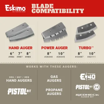 Multi-Edge, Stainless Steel Multi-edge blades designed to cut quickly, efficiently, and aggressively through the ice. With increased speed and efficiency, Turbo™ Blades will cut more holes than other traditional auger blades, and are also less sensitive to dulling. Re-drill old holes with ease, and power through each hole without a jarring breakthrough. Multiple Cutting Edges An aggressive cutting design, allowing for increased speed and smooth performance when breaking through the ice. Stainless Steel Strong, durable blade construction. Mounting Hardware Included Includes four mounting screws to mount securely onto the auger bit. Compatibility Compatible with corresponding size Eskimo Turbo™ Cutting System auger bits (E40™ electric, Pistol Bit™ 2.0, Redneck Bit).