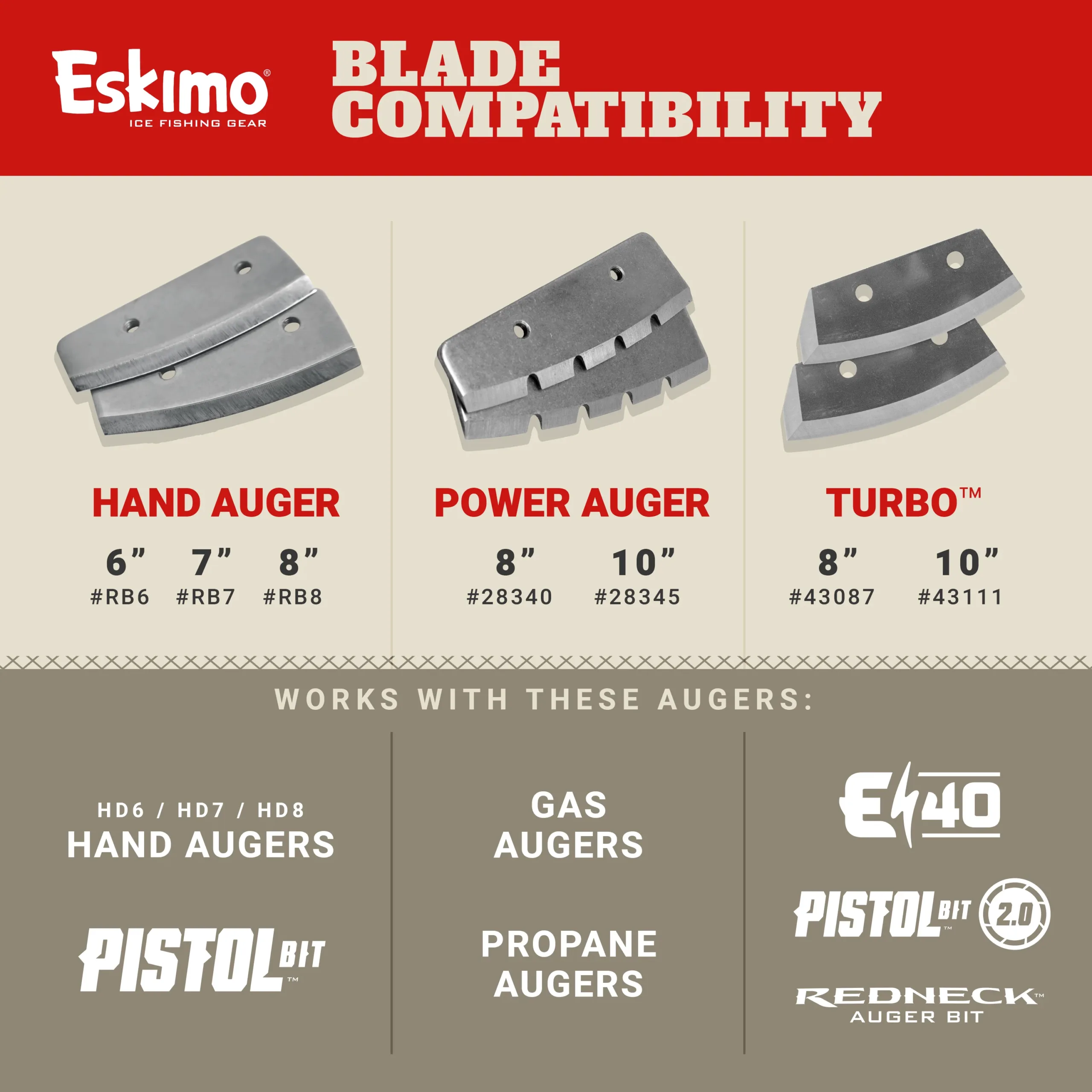 Multi-Edge, Stainless Steel Multi-edge blades designed to cut quickly, efficiently, and aggressively through the ice. With increased speed and efficiency, Turbo™ Blades will cut more holes than other traditional auger blades, and are also less sensitive to dulling. Re-drill old holes with ease, and power through each hole without a jarring breakthrough. Multiple Cutting Edges An aggressive cutting design, allowing for increased speed and smooth performance when breaking through the ice. Stainless Steel Strong, durable blade construction. Mounting Hardware Included Includes four mounting screws to mount securely onto the auger bit. Compatibility Compatible with corresponding size Eskimo Turbo™ Cutting System auger bits (E40™ electric, Pistol Bit™ 2.0, Redneck Bit).