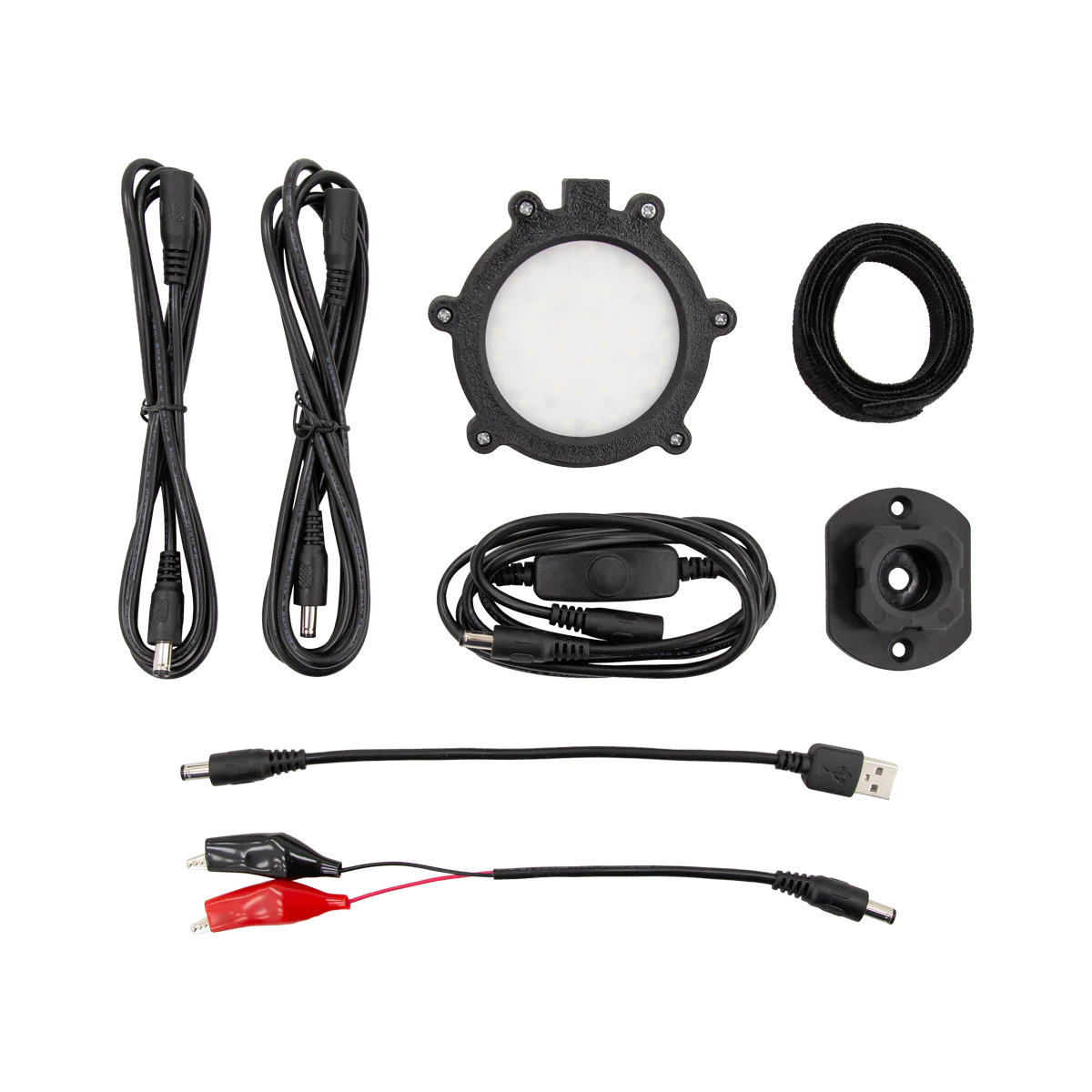 A unique lighting solution for those who like to stay out after dark. The E-Hub™ Shelter Light Kit features a 1400 lumen, cool white (6000K) LED disc light. The kit includes multiple cord options, designed to reach the center roof hub of your portable shelter with power source flexibility, supporting both 12V and Type-A USB connections. The kit can fit nearly any type of shelter, with included wire management straps to run the cords where you want them while keeping things organized. E-Hub accessories are designed with a locking clip connection that easily snaps into place, holding strong and secure even if accidentally bumped. A standard E-Hub™ Base is included for use on hubs or other flat surfaces, utilizing the existing bolts/nuts on the shelter hub so no additional installation hardware is necessary. When the day is done, the base can remain mounted during shelter takedown and storage, ready for your next trip out on the hardwater.