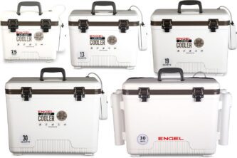 Five white Engel live bait coolers